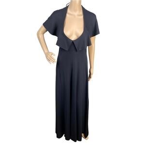 Vtg 70s Climax by David Howard Black Plunging Flutter Halter Maxi Dress SZ S